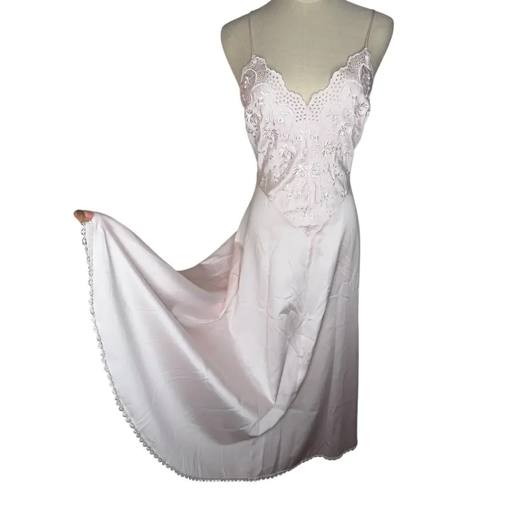 Vintage Victoria Secret Dainty Embroidered Pink Slip Halter Dress Size Small